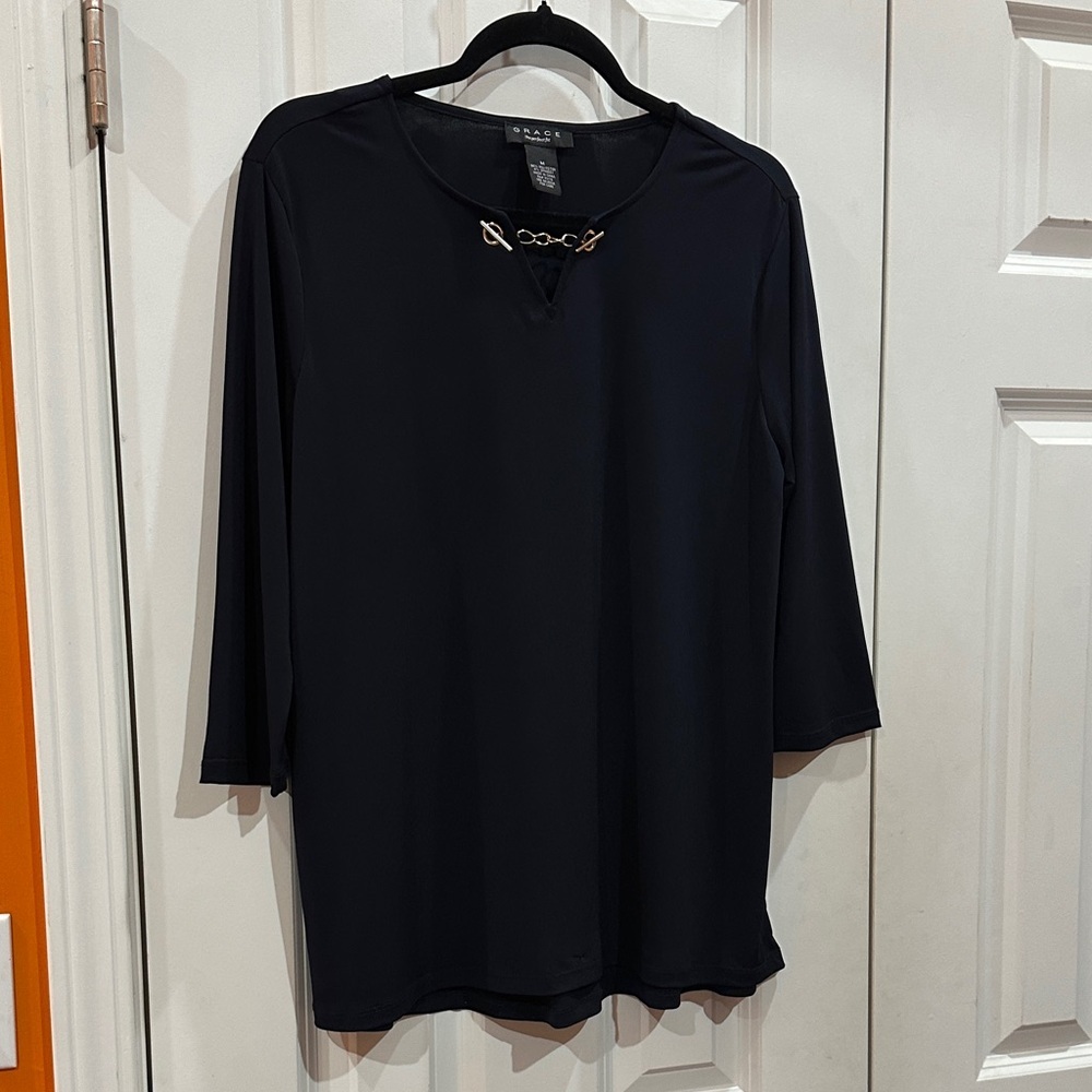 NWOT Grace Black Long Sleeve Top with Chain Accent size M